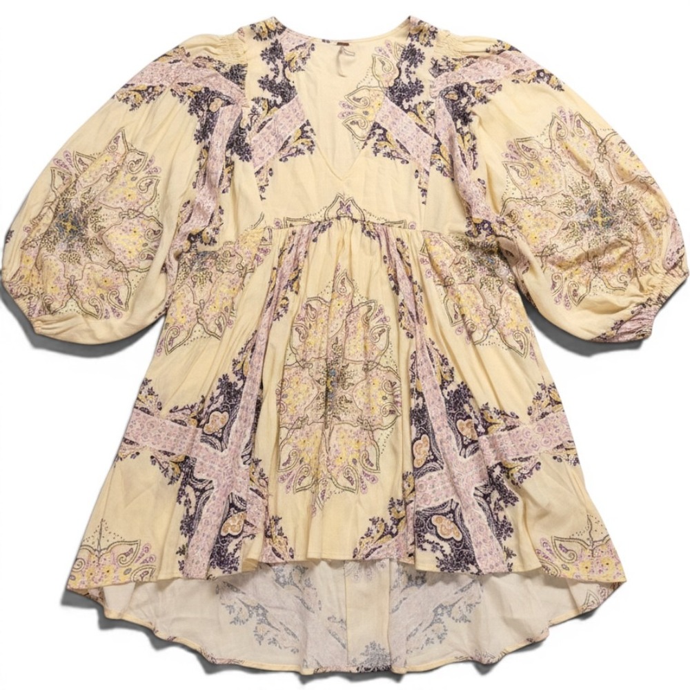 Free People Paisley Babydoll Tunic Top Yellow Balloon Sleeve V-Neck XS‎ Boho